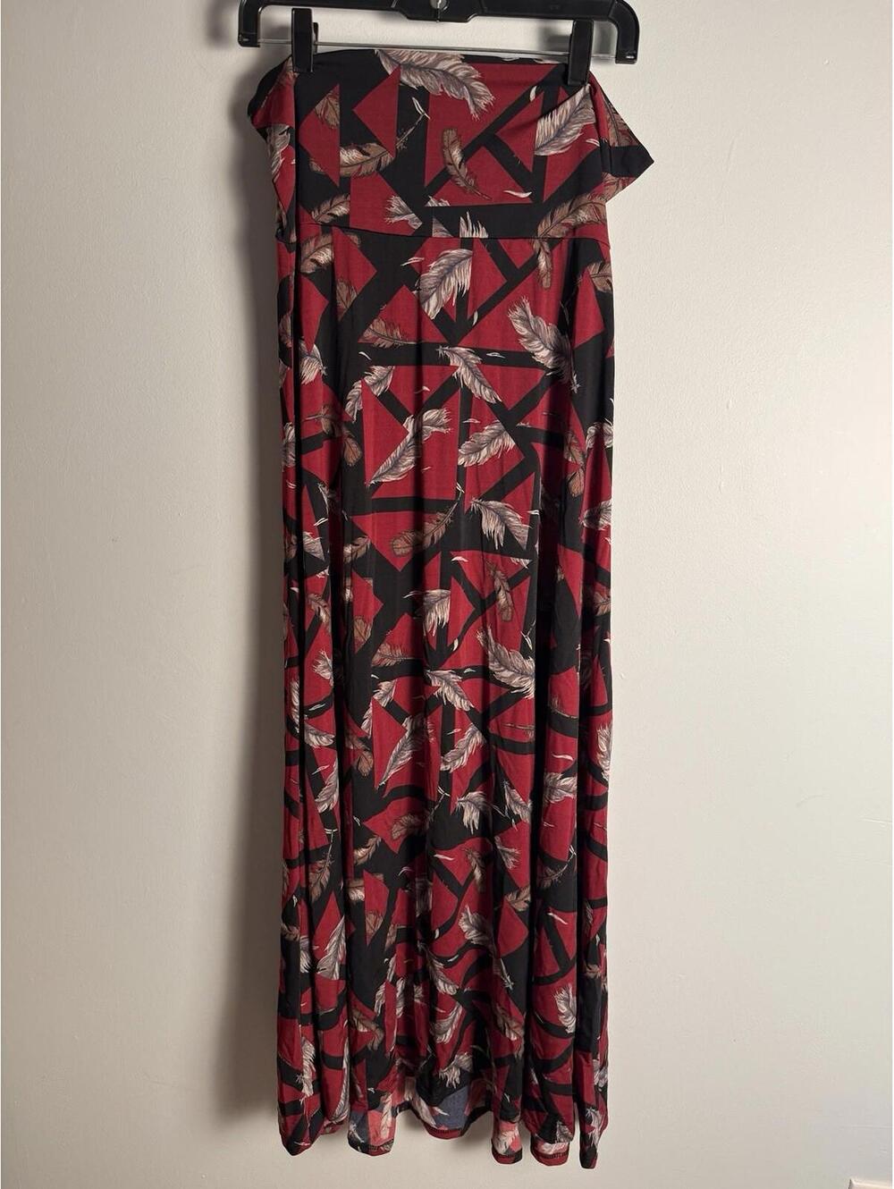 LuLaRoe Maxi Skirt Dress Cranberry Black Feathers High Yoga Waist Large NWT
